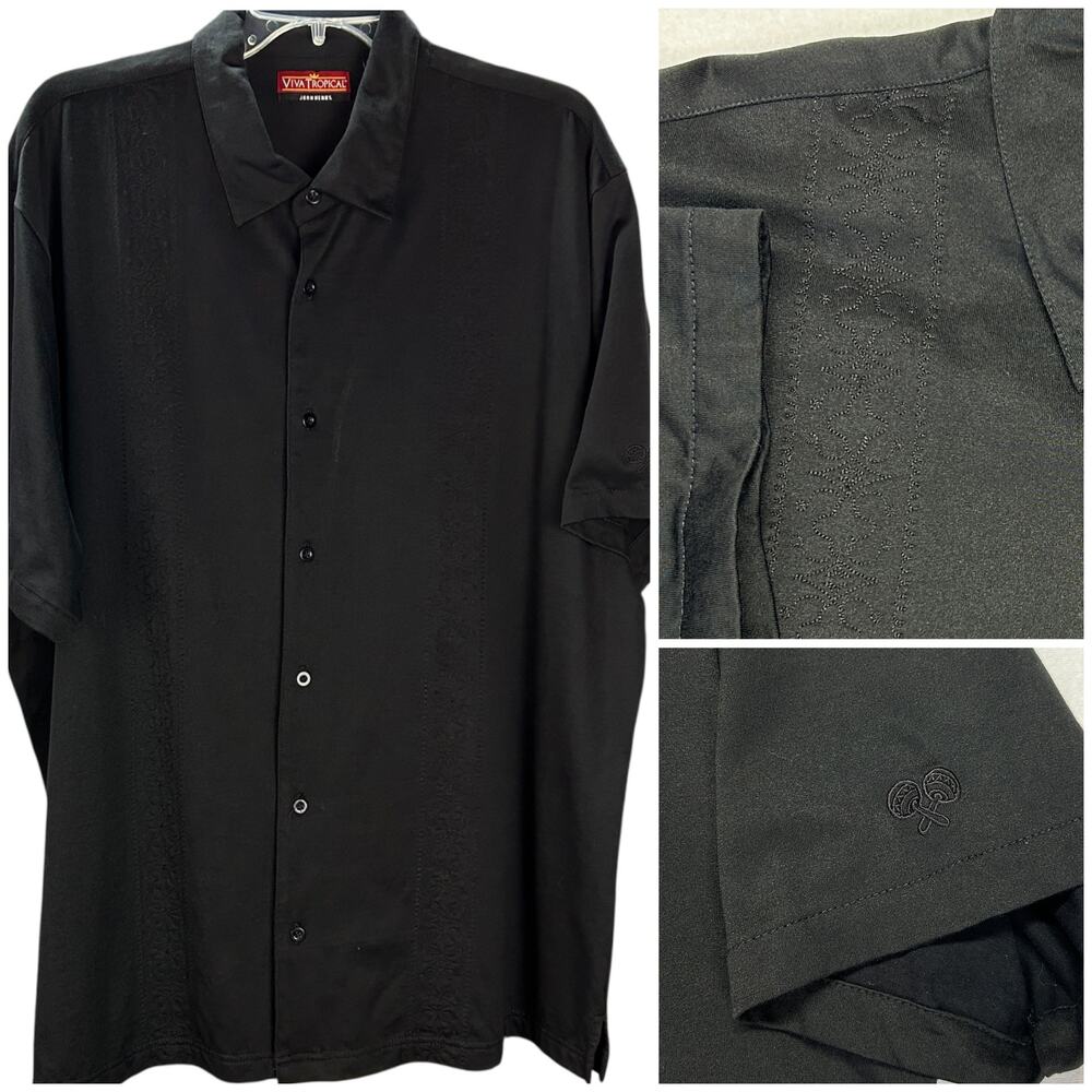 John Henry Viva Tropical Camp Shirt Mens 2XL Embroidered Jet Black Cotton Blend